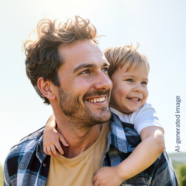 A sunny scene: a father carrying his son on his shoulders