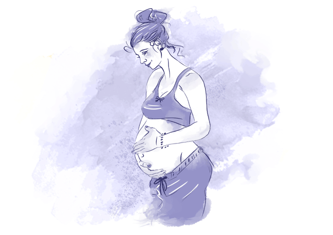Drawing of a woman gently caressing her baby bump