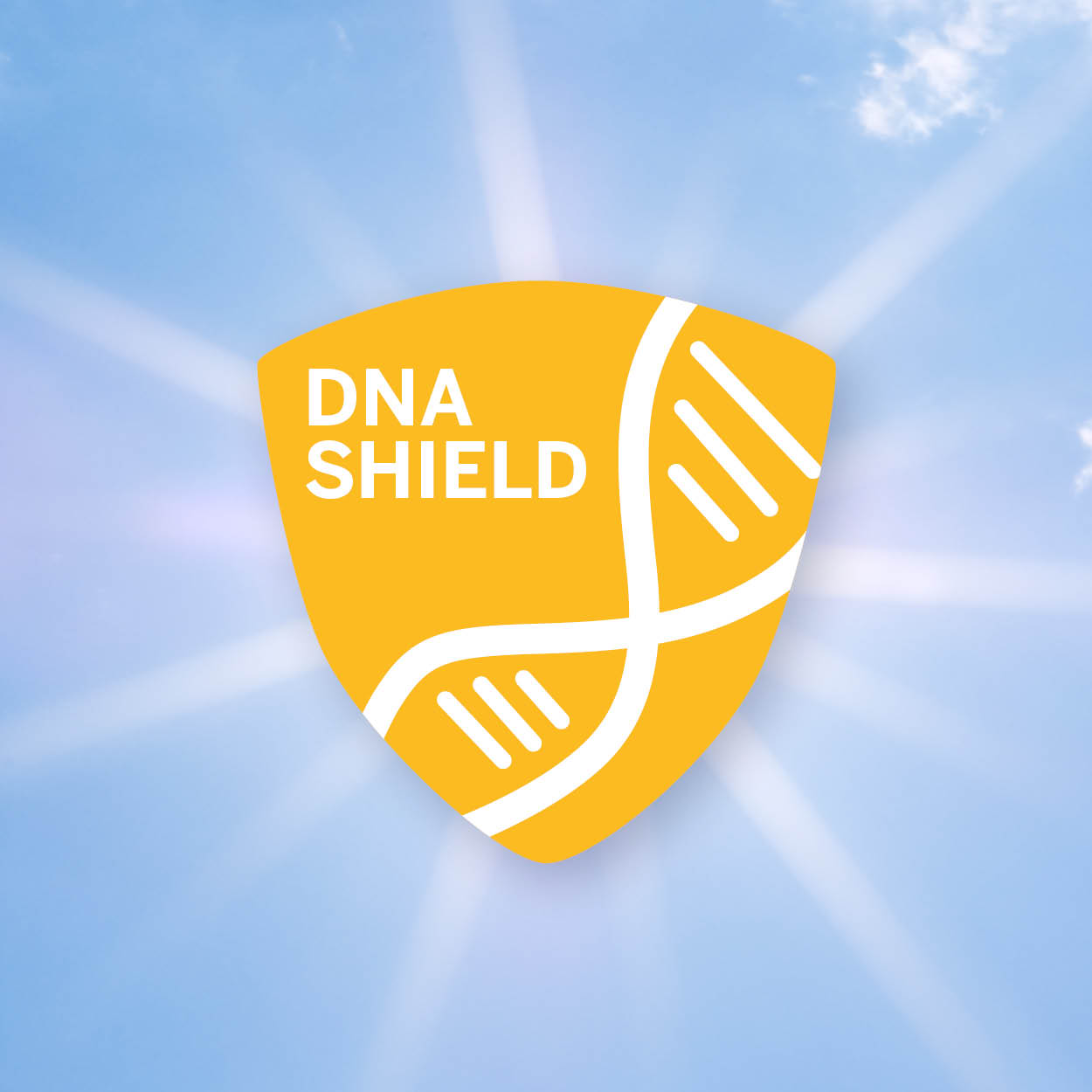 Geel bordje met het opschrift “DNA-shield” met gestileerde DNA-streng tegen een blauwe hemel