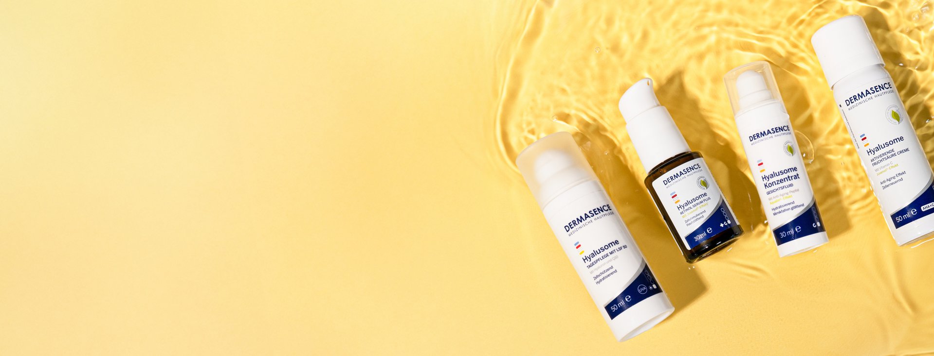 4 produits DERMASENCE Hyalusome sur fond jaune