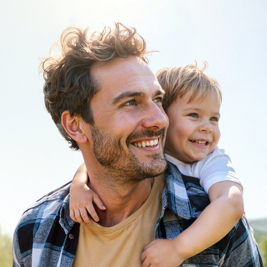 Una scena soleggiata: un padre che porta il figlio sulle spalle