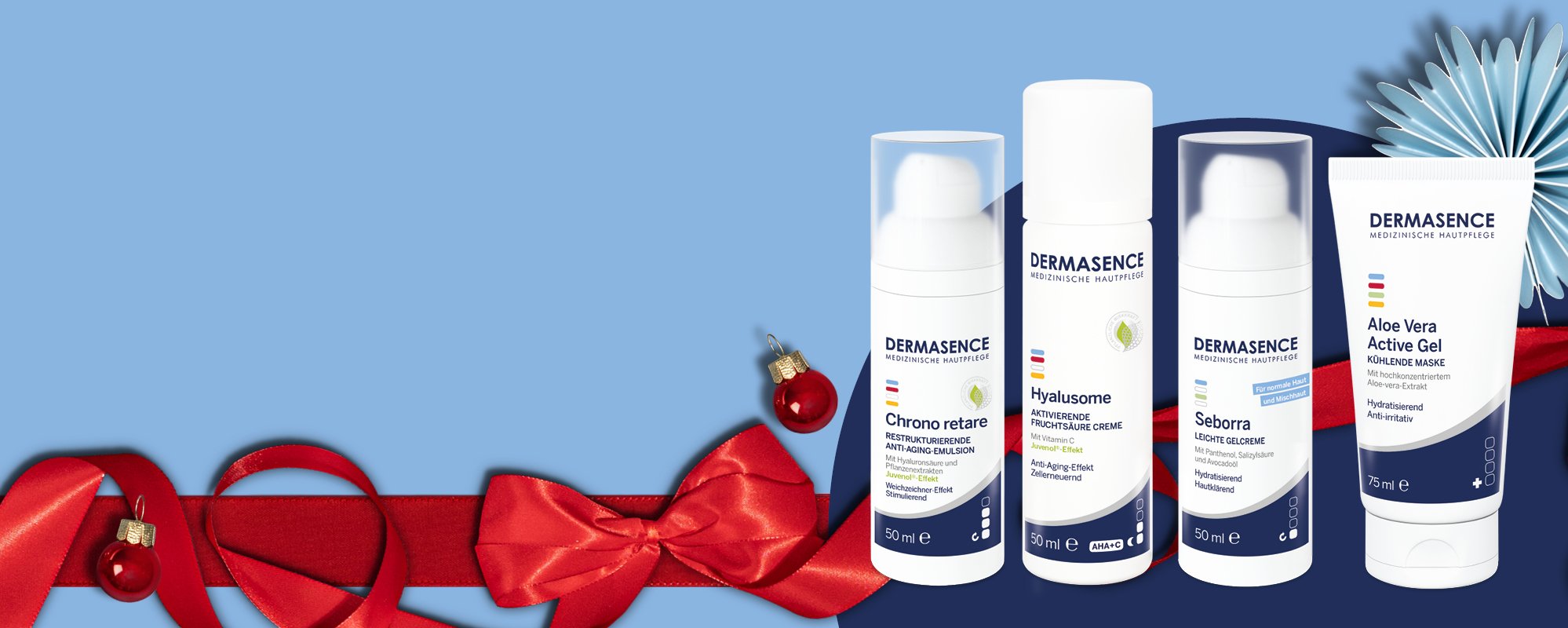 [Translate to Niederländisch:] Verschiedene DERMASENCE Produkte als Weihnachtsgeschenke