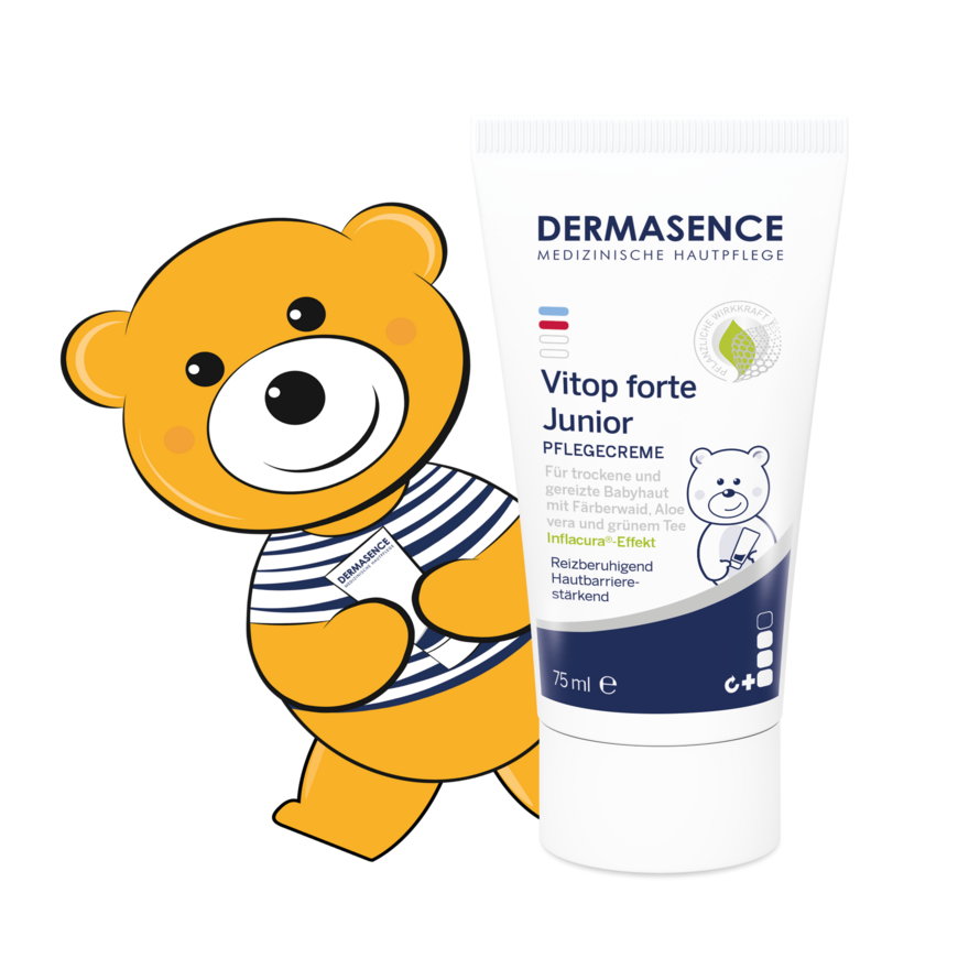 Voor geïrriteerde en droge babyhuid Productafbeelding DERMASENCE Vitop forte Junior met Topi beertje