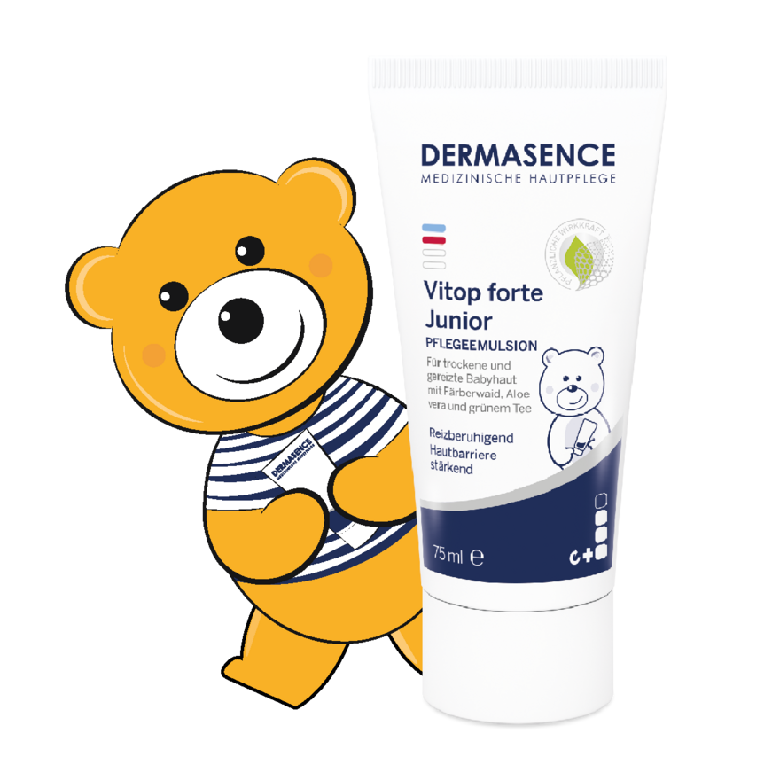 La crema Vitop forte Junior è ideale per la dermatite da pannolino e la pelle irritata del bambino. DERMASENCE Vitop forte Junior con orsetto