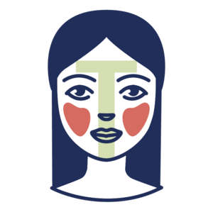 Schéma d’une peau mixte : Visage avec zone T verte et joues rouges